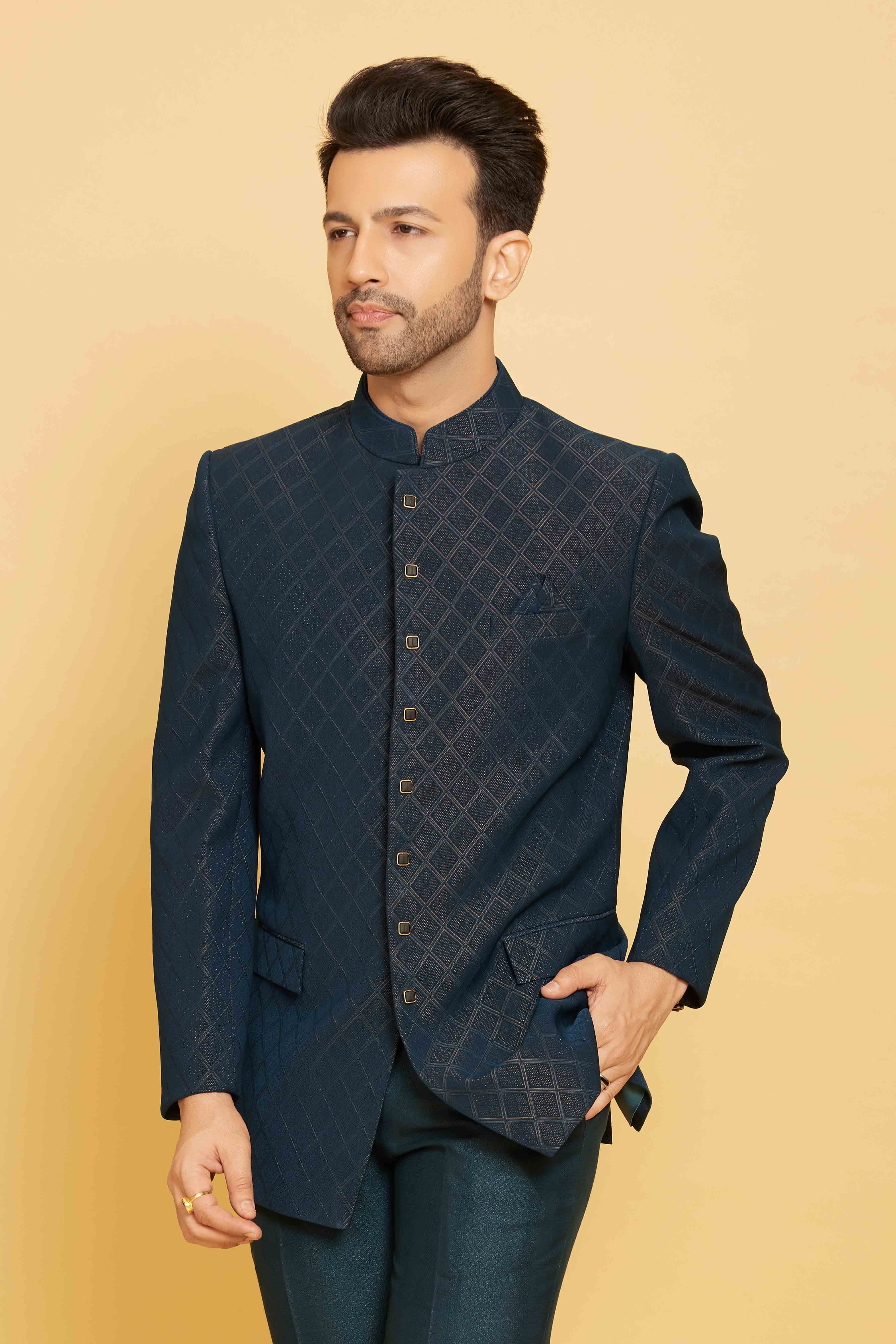 Printed Velvet Jodhpuri Suit in Navy Blue : MTX2634